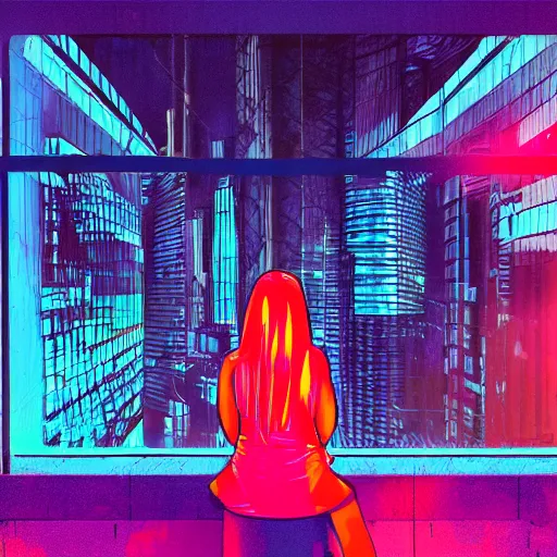 Prompt: a woman sitting in front of a large window, cyberpunk neon city in the background, digital art,