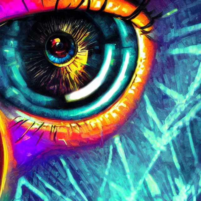 Image similar to macro shot of the iris eye, eye of horus, centered eye, symmetry, illuminati eye, colorful, sharp and focus, ultra detailed, beautifully lit, in the art style of dan mumford and marc simonetti