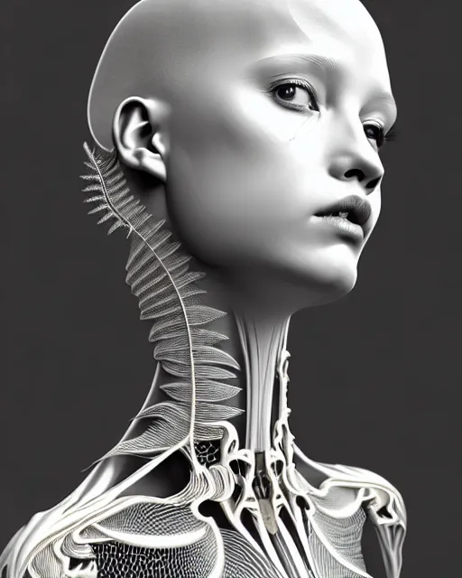 Image similar to bw 3 d render, beautiful angelic biomechanical albino girl cyborg with a porcelain profile face, rim light, big leaves and stems, roots, fine foliage lace, alexander mcqueen, art nouveau fashion embroidered collar, steampunk, silver filigree details, hexagonal mesh wire, mandelbrot fractal, elegant, artstation trending