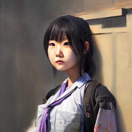 Image similar to a perfect, realistic professional oil painting of a Japanese schoolgirl posing in a dystopian alleyway, close-up, by a professional American senior artist on ArtStation, a high-quality hollywood-style concept