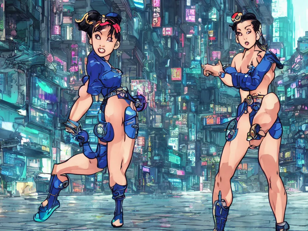 Prompt: Chun-Li in a cyberpunk city street, detailed, posing, looking at the camera, rain