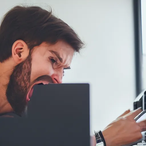 Image similar to A man yelling at his computer, XF IQ4, 150MP, 50mm, F1.4, ISO 200, 1/160s, natural light