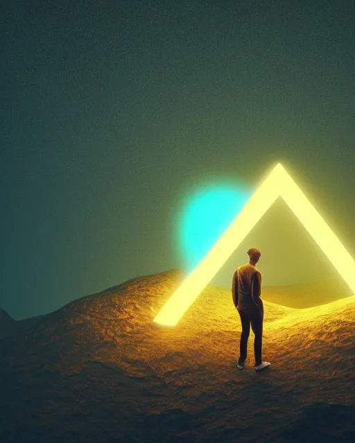 Image similar to a man standing in the middle of a mountain with a glowy neon triangle, a render by filip hodas, behance contest winner, environmental art, rendered in cinema 4 d, volumetric lighting