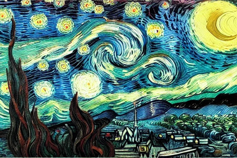 Image similar to man is seeing old god cthulhu terrifying the night sky of a city, epic scene oil painting hyper - detailed realistic dark - art painted by van gogh