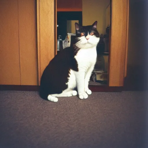 Prompt: fat cat, kodak disposable camera photo,