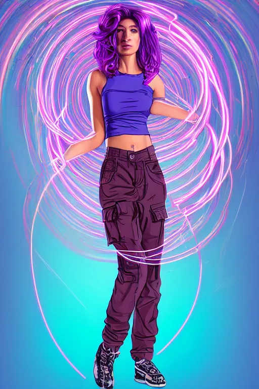 Image similar to a award winning half body portrait of a beautiful woman in a croptop and cargo pants with ombre purple pink teal hairstyle and hands in pockets by ari liloan, surrounded by whirling illuminated lines, outrun, vaporware, shaded flat illustration, digital art, trending on artstation, highly detailed, fine detail, intricate