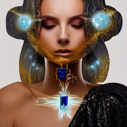 Prompt: portrait of a beautiful futuristic woman layered with high-tech jewelry wrapping around her face and head, golden-silver light with tiny blue, gold, and red gems scattered like dust, white lace background