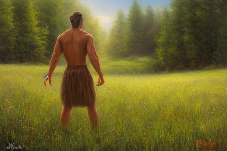 Image similar to a creature called XJVAIJOVIAJ standing in a calming meadow, created by Mark Keathley