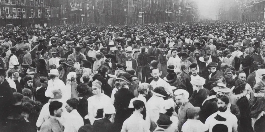 Image similar to scary unproportionable tall ghost creature in the middle of a crowd, 1900s picture