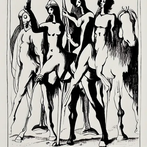 Image similar to four horsemen of the apocalypse, aubrey beardsley