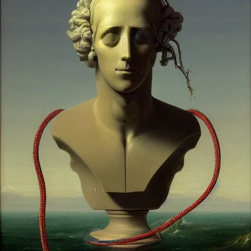 Image similar to David Friedrich, award winning masterpiece with incredible details, a surreal vaporwave vaporwave vaporwave vaporwave vaporwave painting by Thomas Cole of an old pink mannequin head wearing VR goggles with cables and wires coming out of it's neck, highly detailed