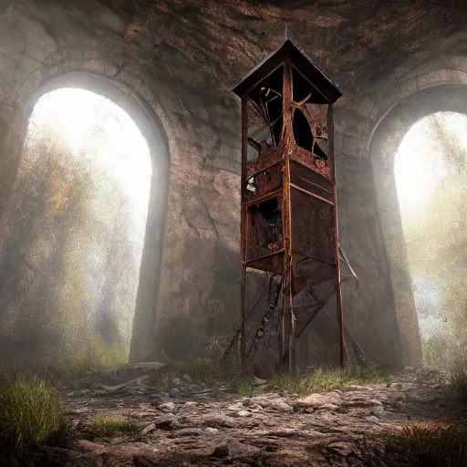 Image similar to an abandoned old rusty clocktower in a dark enormous cave dream photography, painting, perfectly balanced light, digital art, unreal engine, trending on artstation,