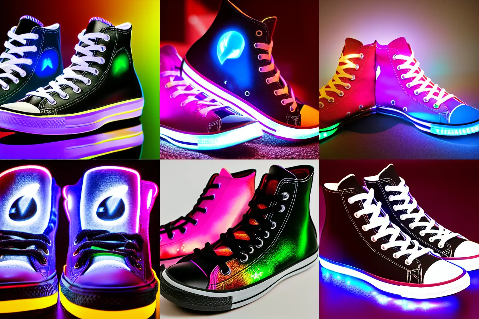 Prompt: product photo of a pair of gaming LED Alienware Chuck Taylors High Top, glowing, colorful