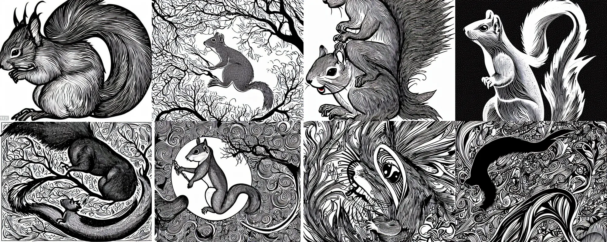 Prompt: squirrel jumping, beautiful vector art by aaron horkey, pure b&w