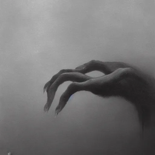 Image similar to hand with long fingers reaching out of thick fog, zdzislaw beksinski