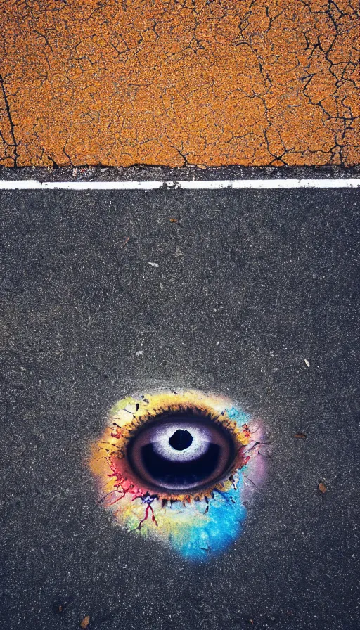 Image similar to photo of a human eye open on an asphalt road, realistic photo, shot with a gopro, looming, colorful, eerie