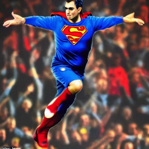 Image similar to jose mourinho flying in the sky as superman shooting lasers, award winning photograph