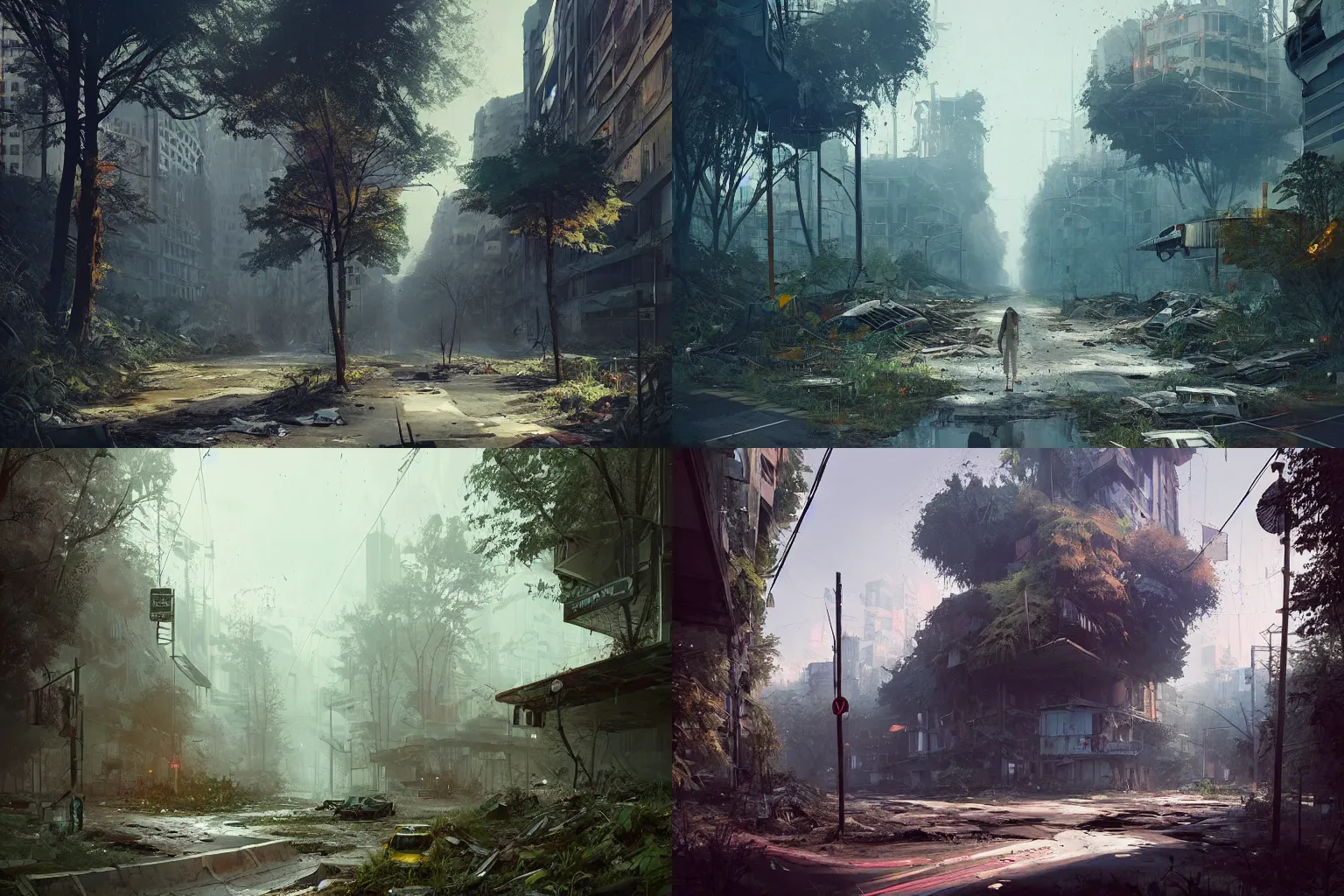 Prompt: concept art of an abandoned ruined big city street overgrown with nature by filip hodas and ismail inceoglu, hyper realistic, unreal engine, atmospheric, detailed, matte, godrays