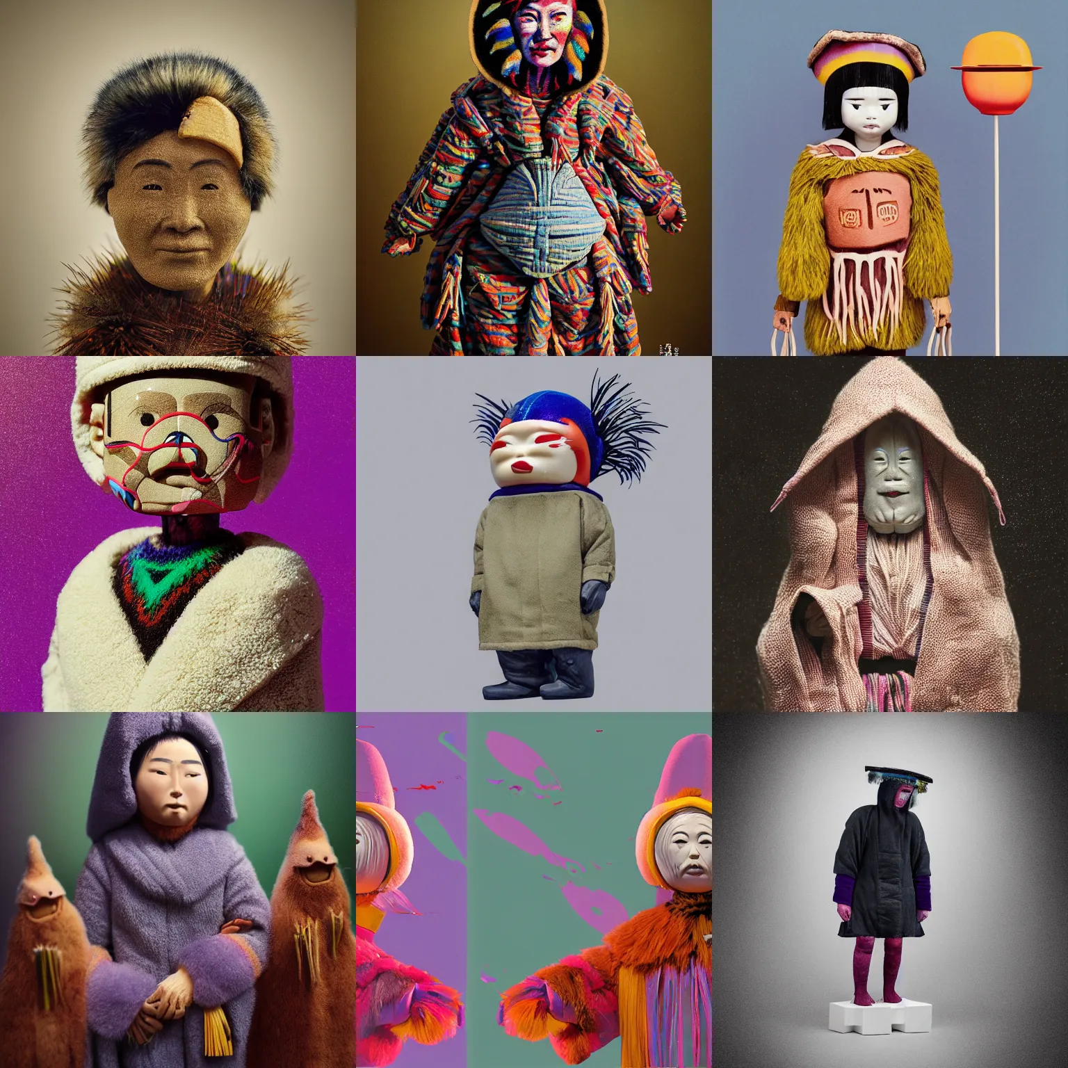 Prompt: a portrait of a Selk'nam with a Capirote, Plastic toy, art toy, by Hikari Shimoda , Al Feldstein , mark ryden, Yayoi Kusama, lisa frank , funny, Award winning photo, iridiscense, Houdini algorithmic generative render, dramatic lighting, volumetric light, Accurate and detailed, sharp focus, octane render 8k, zoom out ,