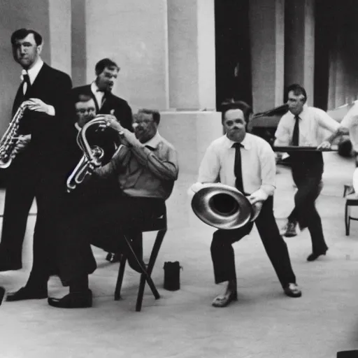 Prompt: jazz band on the run, citizen kane movie, 8 k higly detailed cinematic lighting, moma museum