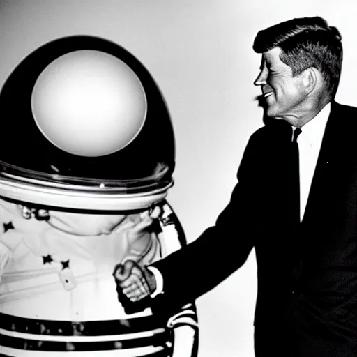 Image similar to a black and white photo of president kennedy shaking hands with a space alien