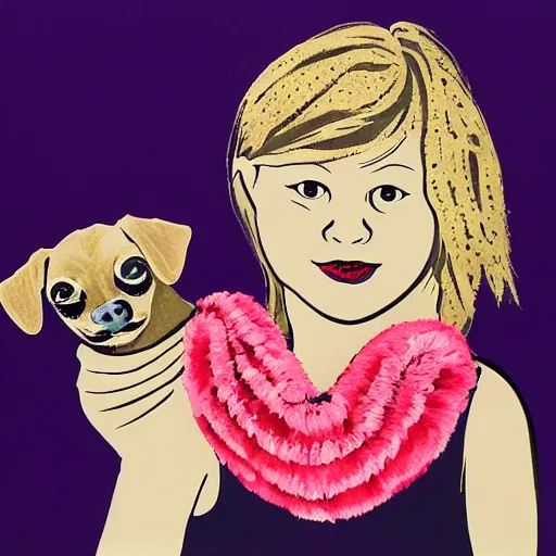 Prompt: girl with a chihuahua with a boa around its neck, silk screen print, hand painted