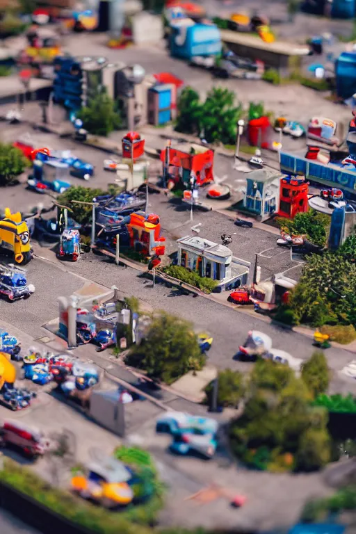 Image similar to high quality presentation photo of a a detailed miniature diorama of retro toy robots invading a detailed model of a 1950s town, photography 4k, f1.8 anamorphic, bokeh, 4k, Canon, Nikon