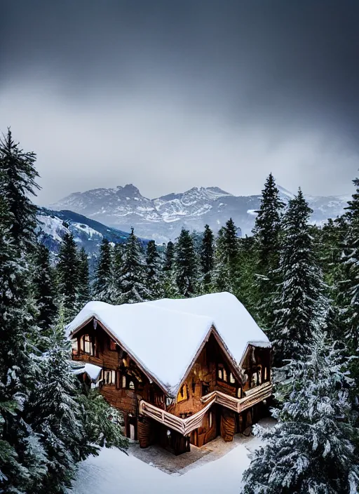 Prompt: an exquisite holiday home in the middle of the snowcapped mountains of france, visible through the lush overgrowth, architectural photography, dark and dim lighting, beautiful, tranquil, moody, cinematic, fantasy, 3 5 mm lens, volumetric lighting, first person view, photographic render, hyper realistic