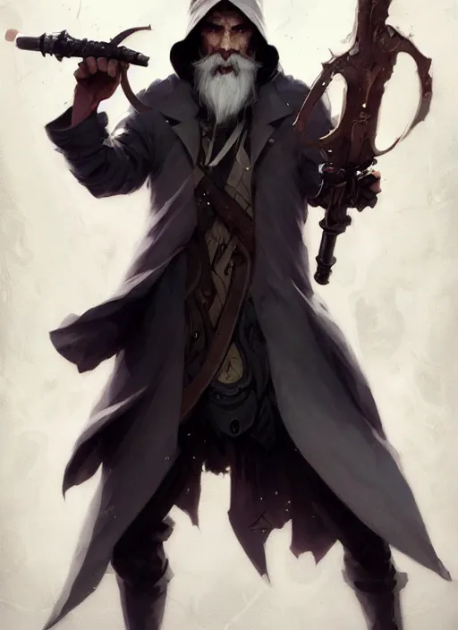 Image similar to full body picture of an legendary weapon master, holding a ego weapons to the camera, long black jacket, neat white beard, bored, smoking, messy ground by so many ego weapons, smoking, intricate, masterpiece, epic fantasy illustrations by peter mohrbacher and anato finnstark and jeremy lipking
