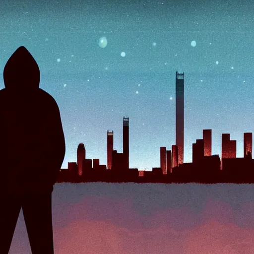 Image similar to silhouette of a hooded character. Looking out over nighttime city scape Photograph in the style of Simon stälenhag