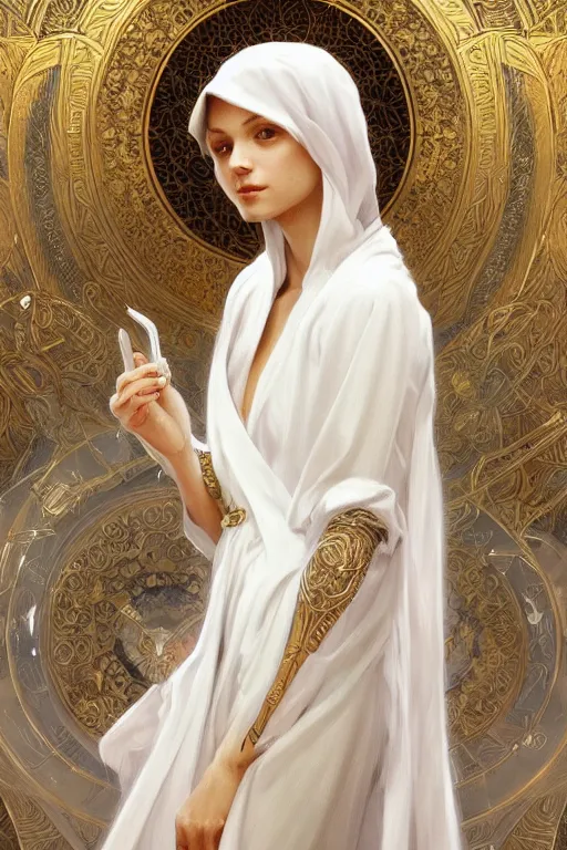 Image similar to beautiful angel in white robes, D&D, face, fantasy, intricate, elegant, highly detailed, digital painting, artstation, concept art, smooth, sharp focus, illustration, art by artgerm and greg rutkowski and alphonse mucha