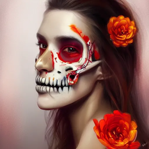 Image similar to A potrait of a women skull head with gold and red flowers, digital painting, by Stanley Artgerm Lau, WLOP, Rossdraws, LeraPi, and Sakimichan, digital painting, trending on ArtStation, deviantart, SFW version