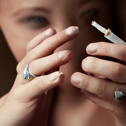 Image similar to a normal female hand with five fingers and ring hold joint, a cigarette between the middle and index fingers, a cigarette, smoke