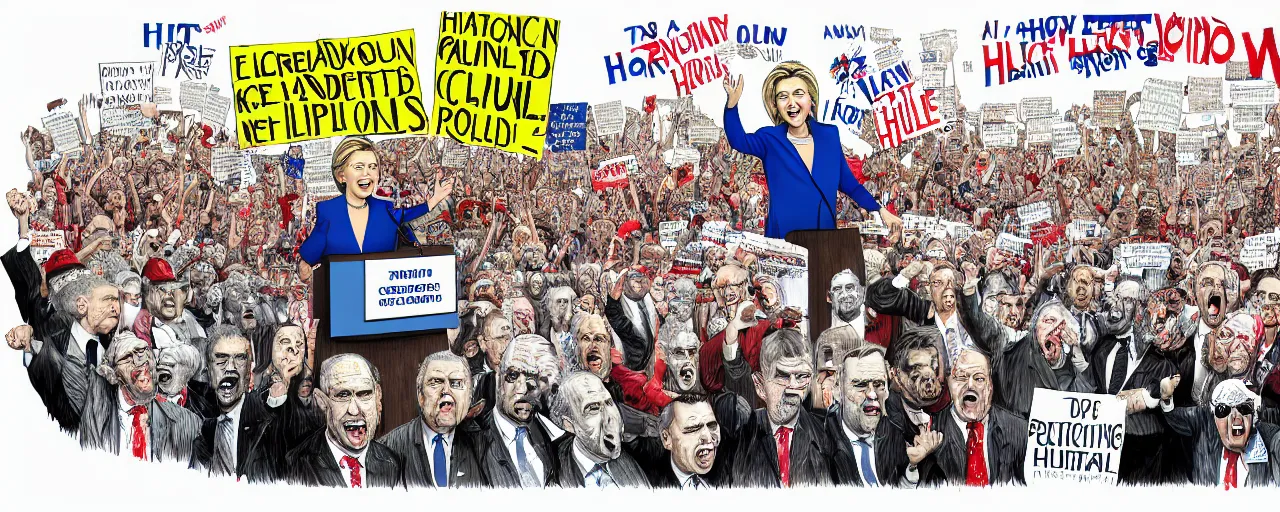 Prompt: an political caricature of hilary clinton at a podium surrounded by a crowd of angry protestors with signs, by gerald scarf and ralph steadman, illustration, ink drips, front angle, ink splatters, pen and ink, flat color, drawing, facing front, anatomically correct, beautiful perfect face, sharp focus, highly detailed, cinematic lighting, 8 k, hd