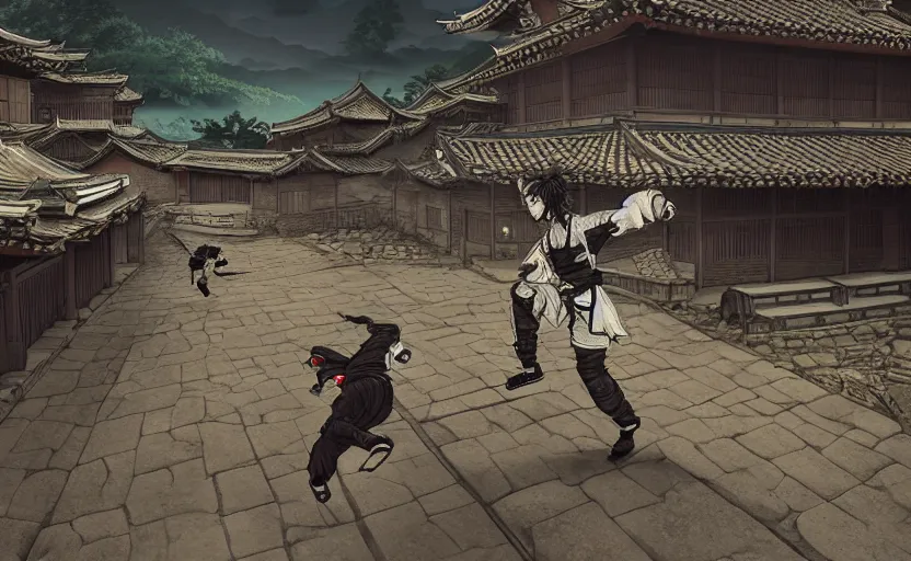 Image similar to highly detailed, high contrast digital illustration of ninja shinobi running parkour, in the in old, japanese village from sengoku period, cinematic lighting, raytracing, volumetric lighting