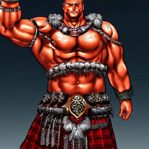 Prompt: bulky muscular scottish warrior with red hair and a kilt, tribal blood red war paintings on his chest, bronze plate armor, in the style of otomo katsuhiro, artgerm