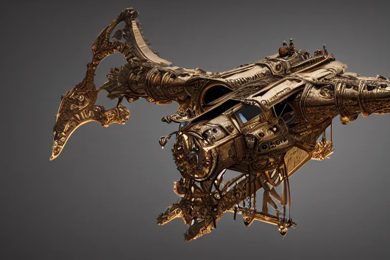 Prompt: highly detailed gigantic luxury baroque gothic steampunk birdshaped spaceship made of bone, rendered in unreal engine 5, cryengine, arnold and zbrush, volumetric lighting