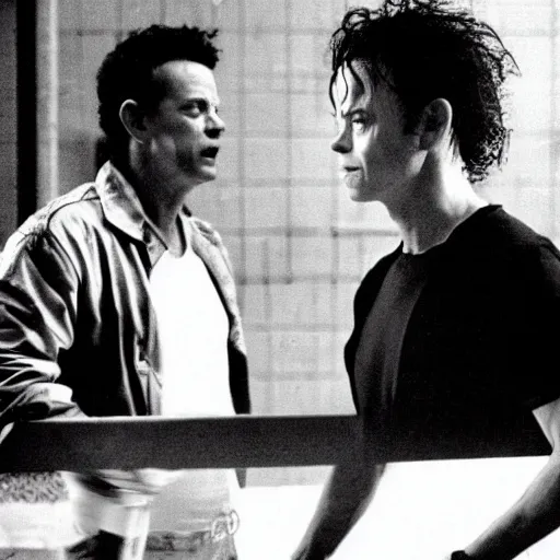 Image similar to michael jackson as tylor durden and tom hanks as narrator in the movie fight club, photo, still frame, cinematic.