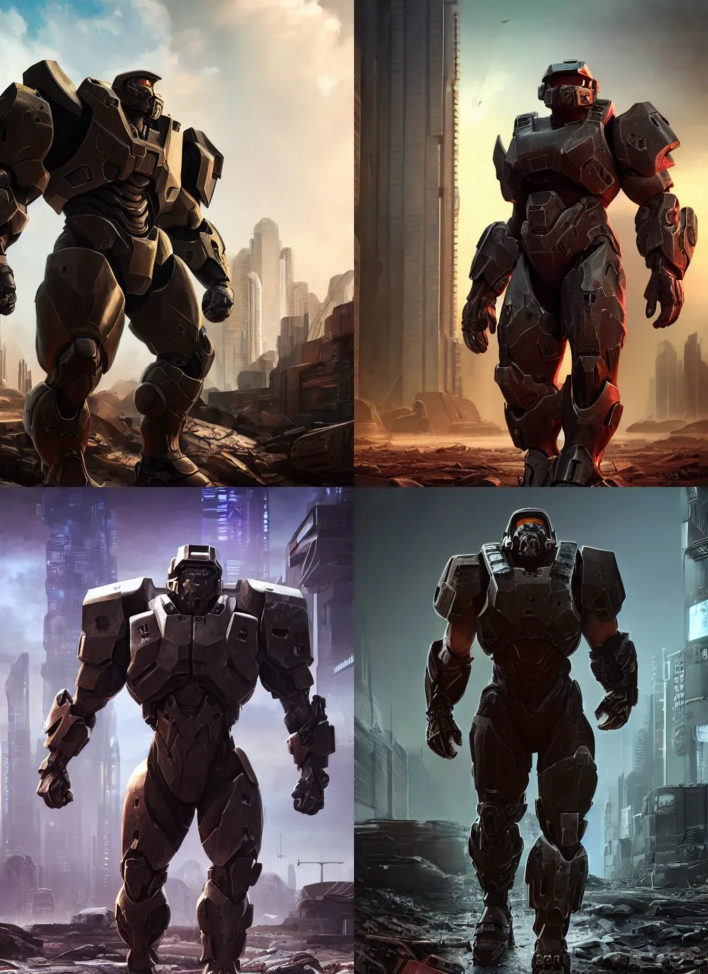 Prompt: a beefy bulky body builder warrior walking in a cyberpunk wasteland facing the camera, mjolnir armor from halo infinite without a helmet, intricate, female face features, 8K, octane render, Digital painting, concept art, illustration, sharp focus, centered, good value control, realistic shading, rational painting, rubber undersuit