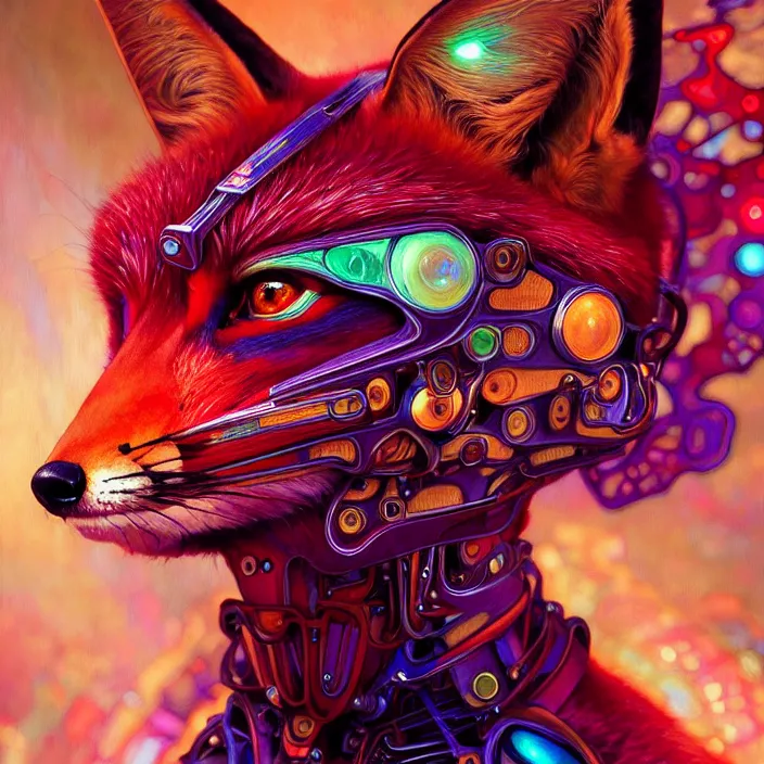 Image similar to bright psychedelic portrait of organic fox cyborg, wings, diffuse lighting, fantasy, intricate, elegant, highly detailed, lifelike, photorealistic, digital painting, artstation, illustration, concept art, smooth, sharp focus, art by John Collier and Albert Aublet and Krenz Cushart and Artem Demura and Alphonse Mucha