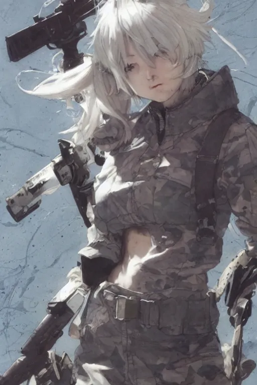 Prompt: girl, silver hair (ponytail), (winking), multicam (camo), trending on artstation, detailed, cinematic full body shot, ilustration by (Takehiko Inoue) (((and Yoann Lossel))) ((and Yoji Shinkawa))