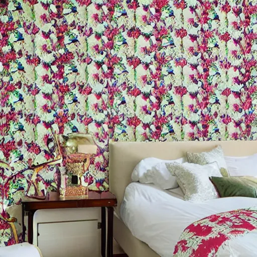 Prompt: a beautiful room with intricate wallpapers and flowers