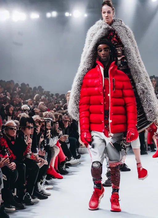 Image similar to hyperrealistic and heavy detailed moncler runway show of whole lotta red by playboi carti, leica sl 2 5 0 mm, vivid color, high quality, high textured, real life