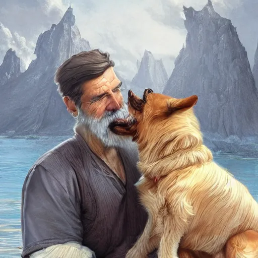 Image similar to portrait of a old, ruggedly handsome bearded man cuddling a corgi dog, soft hair, muscular, half body, cloth, d & d, fantasy, intricate, elegant, highly detailed, digital painting, artstation, concept art, smooth, sharp focus, illustration, art by artgerm and greg rutkowski and alphonse mucha