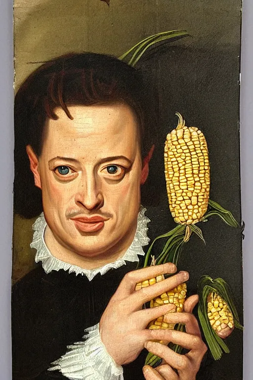 Prompt: a 1 6 0 0 s portrait painting of brendan fraser holding corn, intricate, elegant, highly detailed