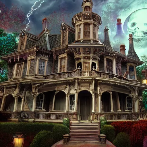 Image similar to Disney Haunted Mansion building scenes, fun, spooky, singing ghosts, 4k, photorealistic, high detail, hdr, atmospheric