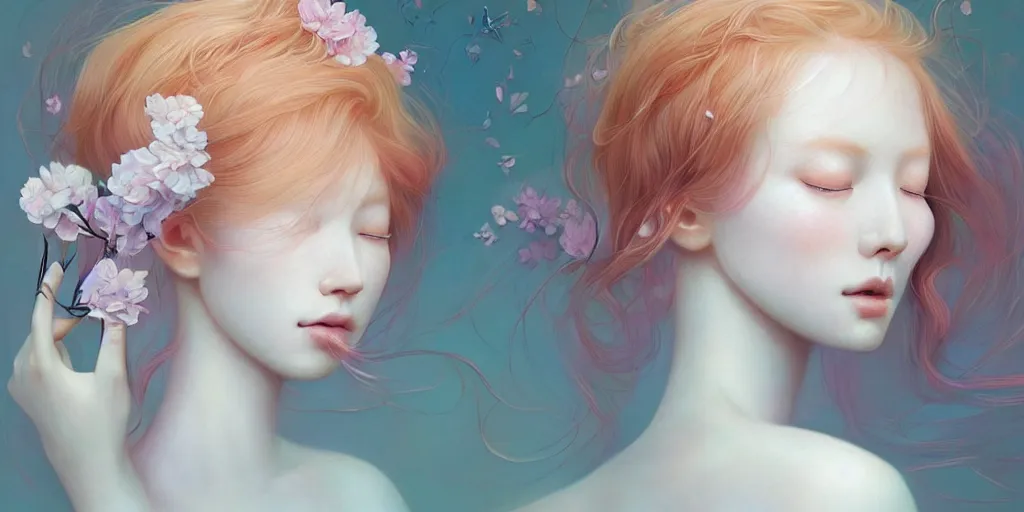 Image similar to highly detailed pastel colors of an ethereal ginger beauty morphing gradually into flowers, by artgerm and hsiao - ron cheng, smooth composition, fine patterns and detail