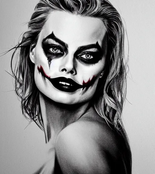 Prompt: beautiful margot robbie portrait with joker makeup, in the style of den yakovlev,, black and white realism drawing, faded outline, hyper realistic, highly detailed