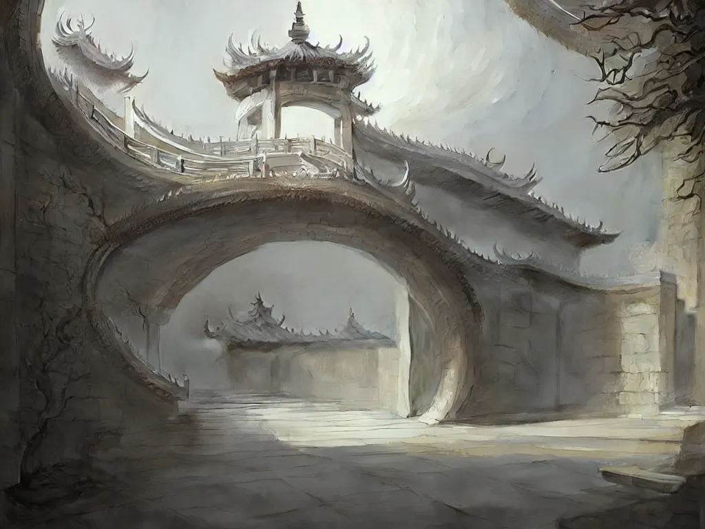 Prompt: circular gate in a white wall, leading to heaven. chinese architecture. fantasy. detailed. smooth. sharp focus. trending on artstation. artist greg rutkowski.