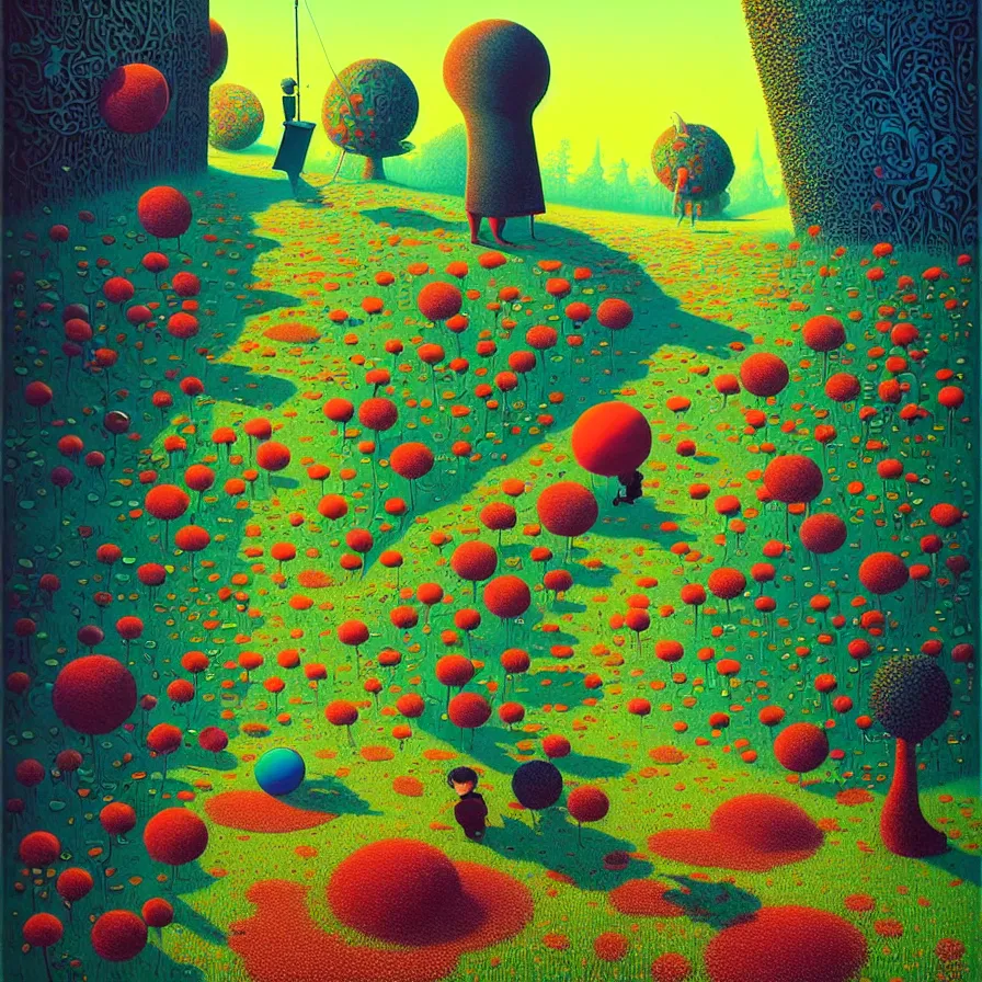 Prompt: surreal glimpse into other universe, jalan - jalan, summer morning, very coherent and colorful high contrast, art by!!!! gediminas pranckevicius!!!!, geof darrow, floralpunk screen printing woodblock, dark shadows, hard lighting, stipple brush technique,